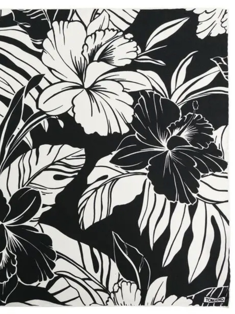 Tom Ford Black White Hibiscus Floral Print Logo Silk Suit Pocket Square
